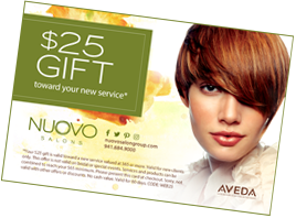 A $25 New Guest Offer gift card promotion for Nuovo Salons, featuring a woman with short, styled hair and Aveda branding. - Nuovo Salon Group in Sarasota & Bradenton, FL