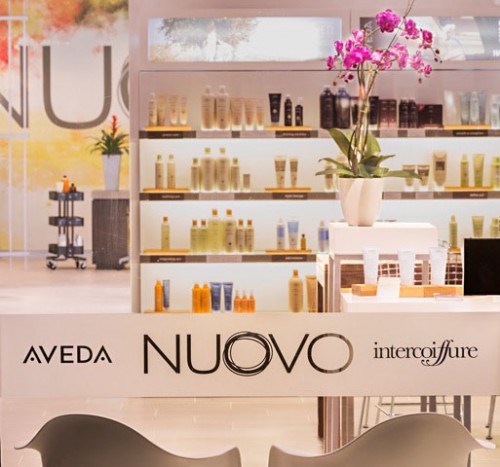 Reception area of a salon with product shelves in the background, a potted orchid on the counter, and signage displaying Aveda, Nuovo, and Intercoiffure logos. - Nuovo Salon Group in Sarasota & Bradenton, FL
