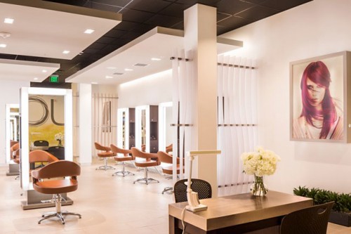 Modern hair salon interior with brown chairs, white walls, large mirrors, and a desk with a vase of white flowers; a portrait of a woman hangs on the wall. - Nuovo Salon Group in Sarasota & Bradenton, FL
